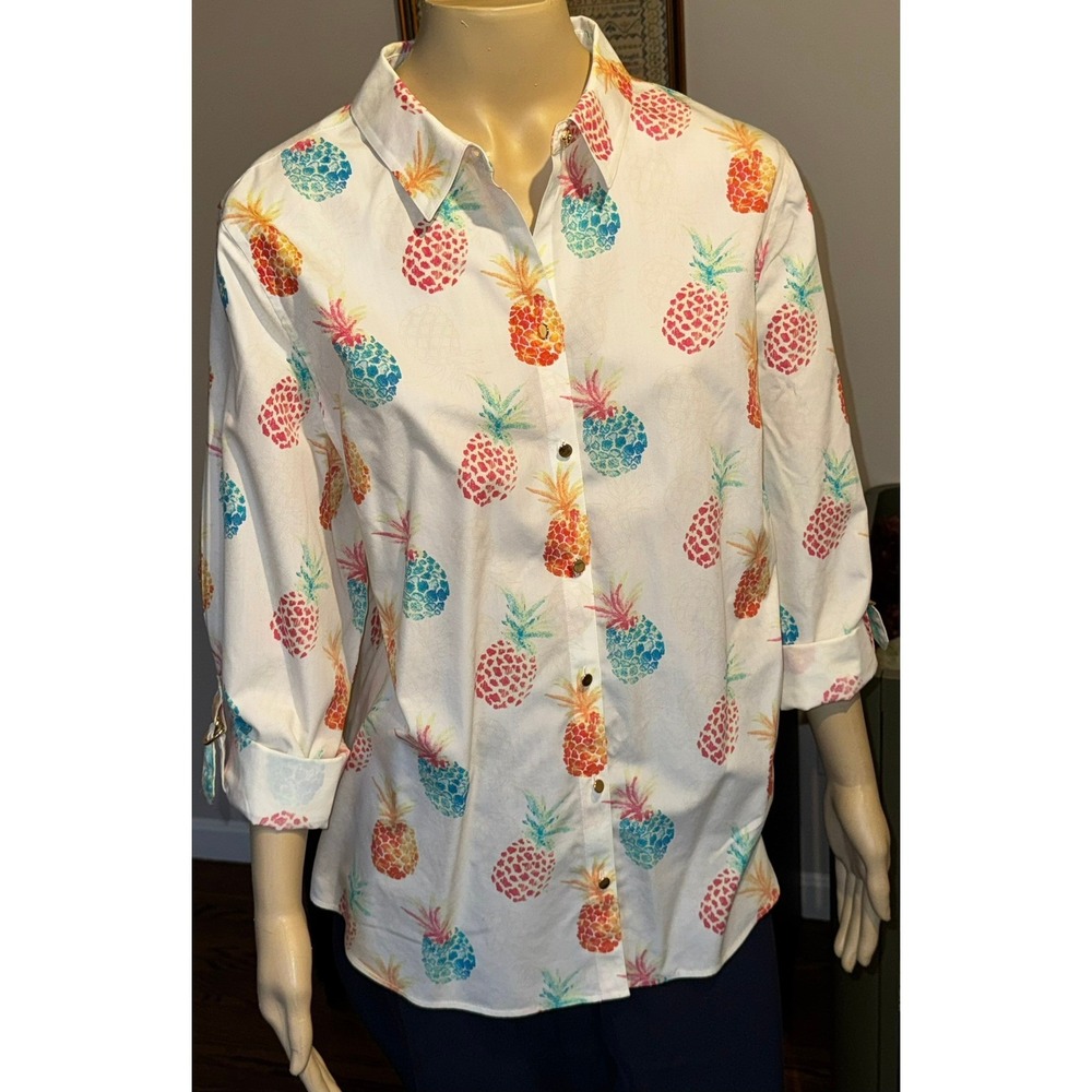 Chico's Pineapple Print Button Down‎ Shirt White Multi Color Roll Tab Sleeve 3 L